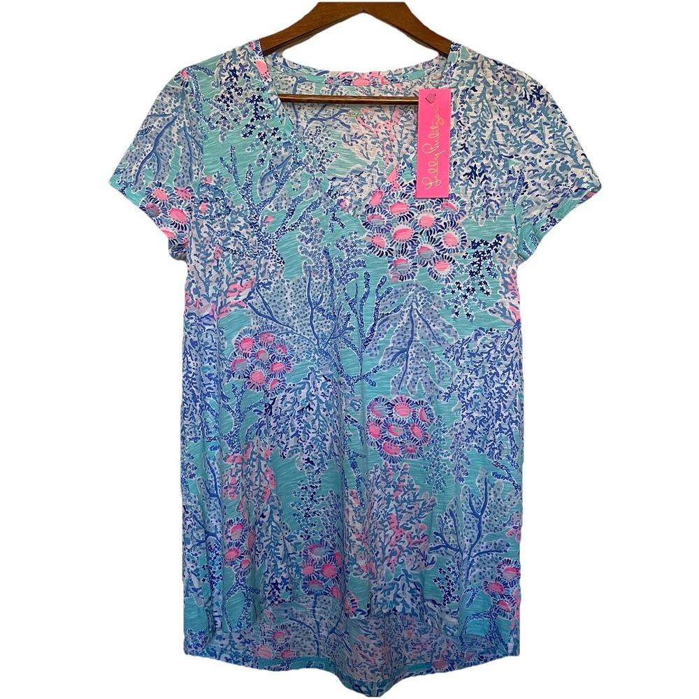 Lilly Pulitzer Etta V-Neck T-Shirt Womens S Blue Pink Coral Print Cruise Coastal